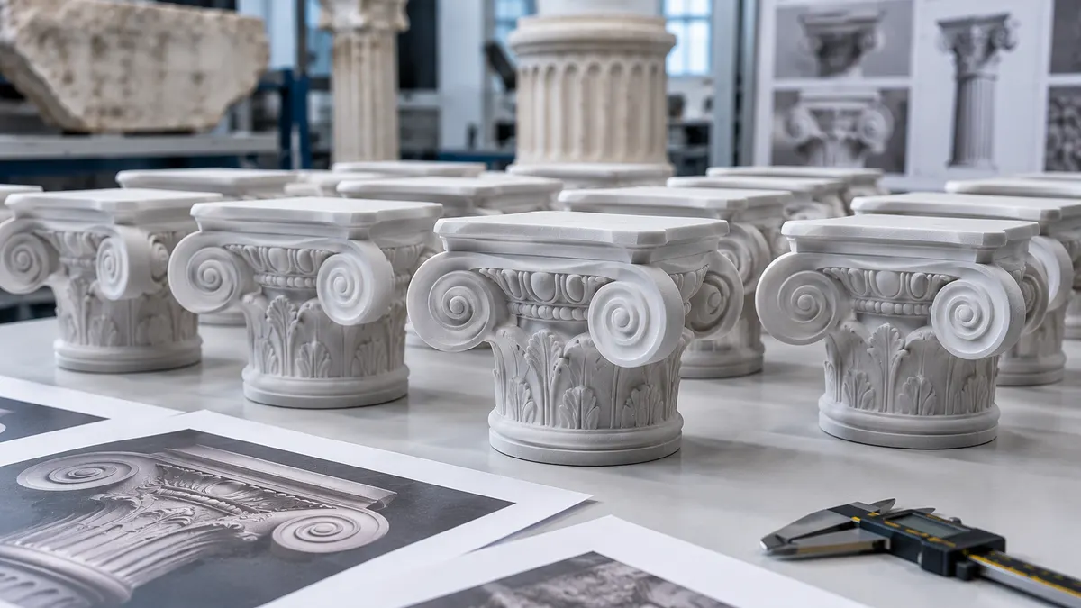 White replicas of ionic capitals with calipers and reference prints