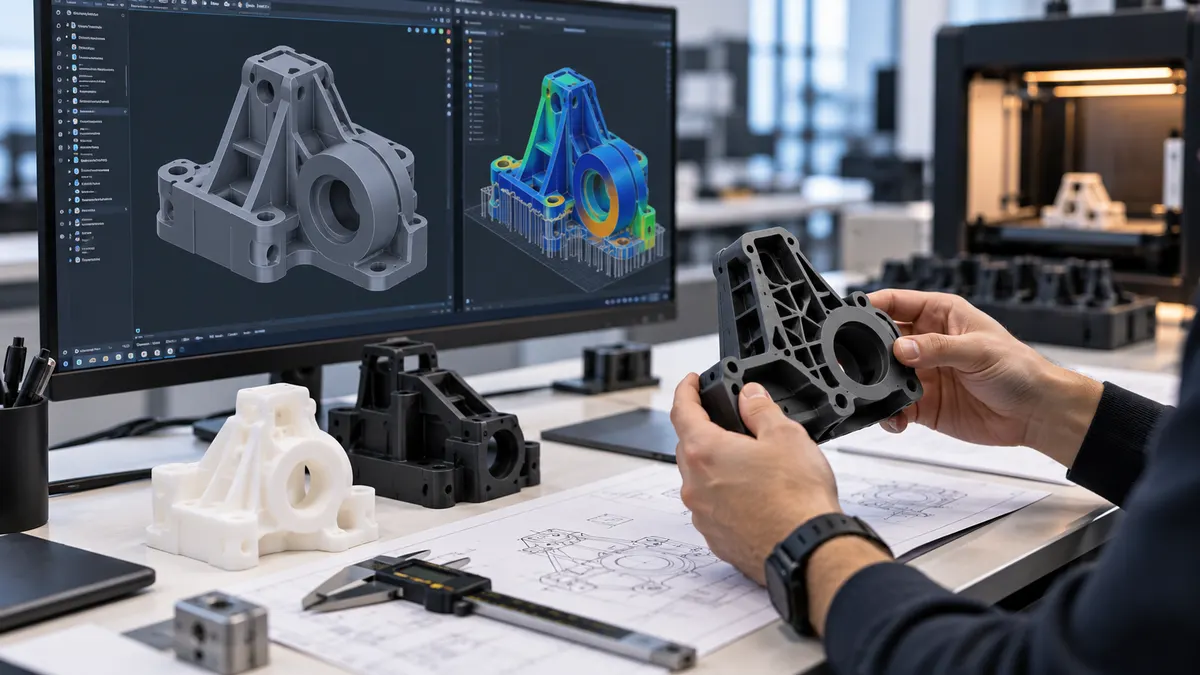 CAD model on a monitor next to printed parts, a caliper and a drawing
