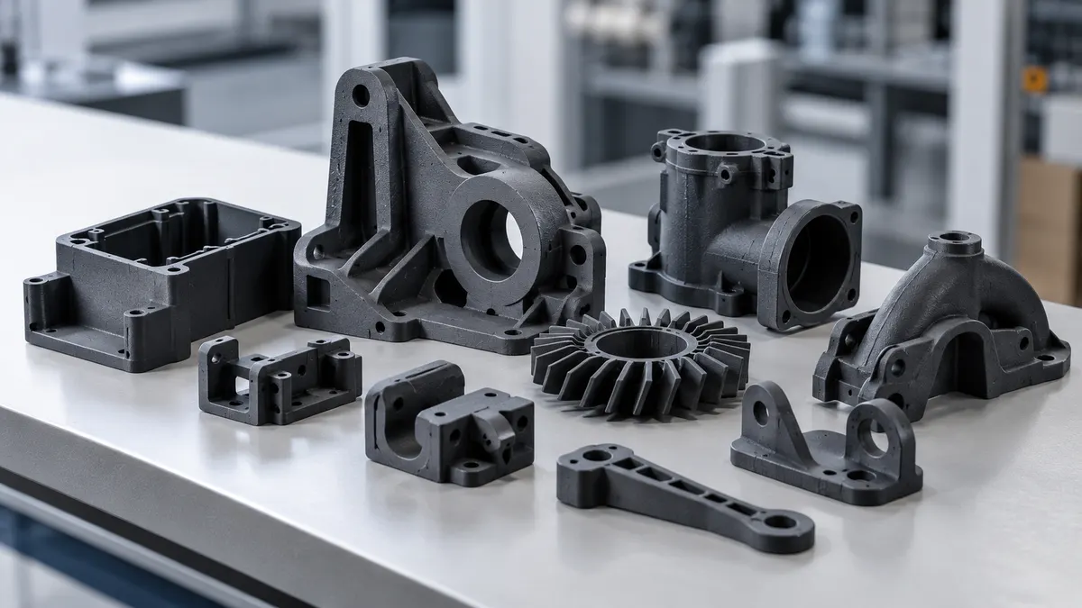 A set of dark industrial 3D-printed parts and housings on a table