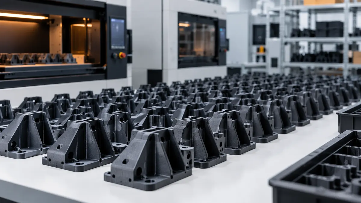 Rows of identical printed parts on a table in a production workshop